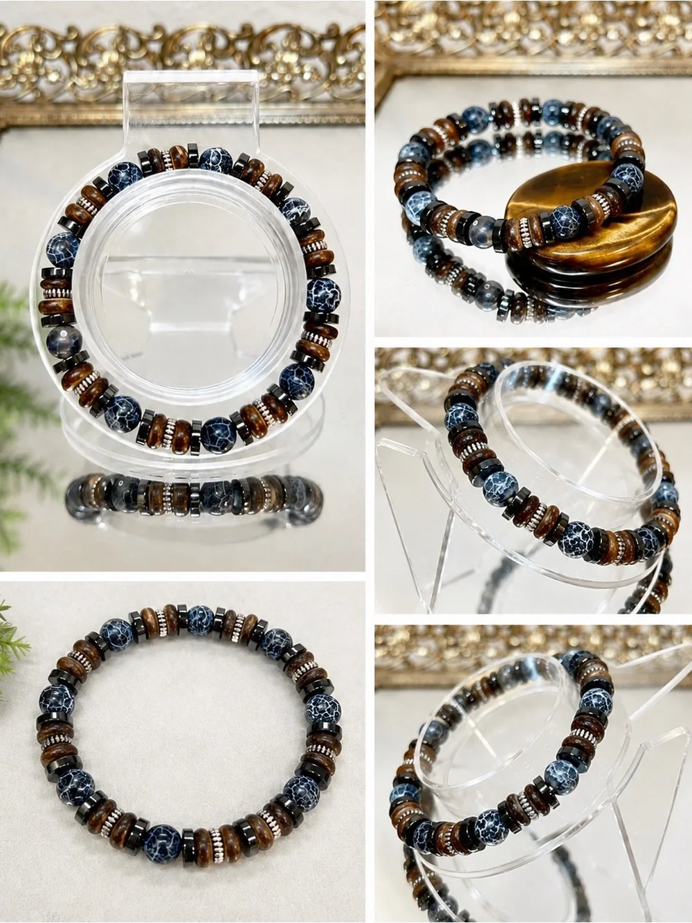 ☀️NEW 2/$20 Blue Speckled Natural Stone Hematite Beaded Unisex Stretch Bracelet